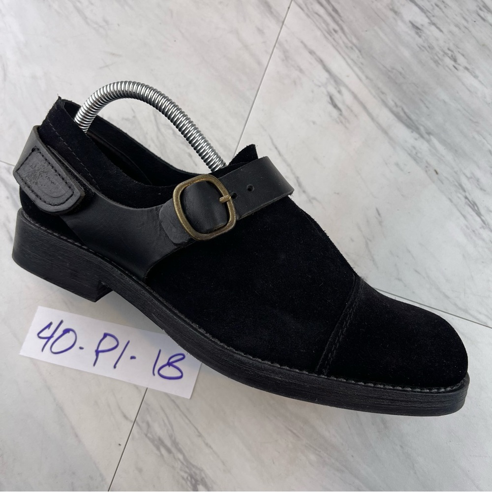 -Pedro Garcia Black Suede/Leather Sling Back Buckle Shoes Size 40 EU | 9.5-10 US